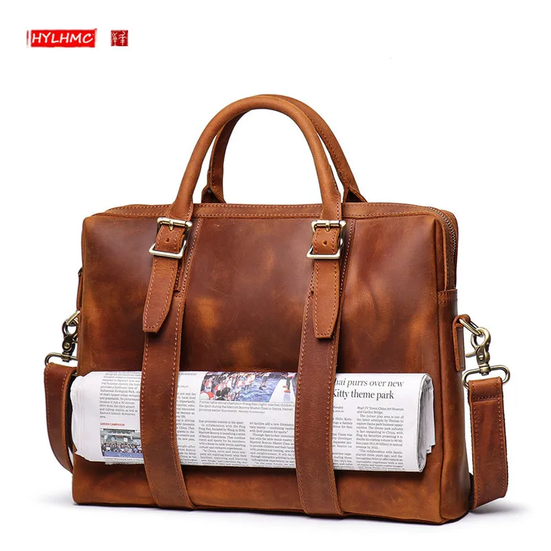 Crazy Horse Leather Men's  Handbag Genuine Leather Briefcase Large Capacity Men Computer Bag Cowhide Shoulder Diagonal Bag 15.6