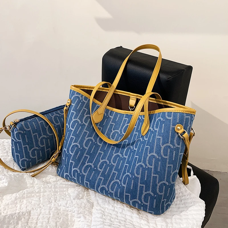 

2021 Зимние Модные дорожные сумки и кошельки с принтом, женская джинсовая вместительная большая композитная сумка через плечо