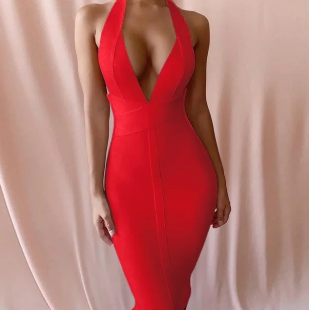 

High Quality Pink V-neck Backless Bodycon Rayon Bandage Dress Sexy Club Party Dress Vestidos
