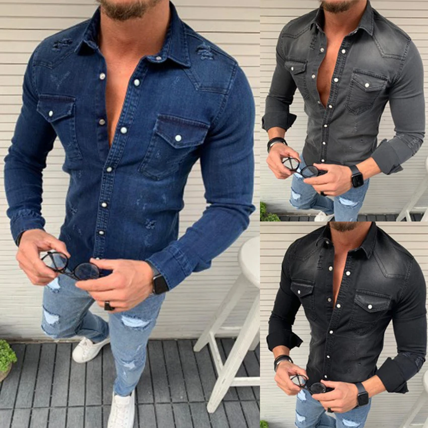 

Men's Autumn Spring Denim Long Sleeve Single Button Blouses Shirts Turn-down Collar Jeans Shirt Tops Male Fashion Clothing Shirt
