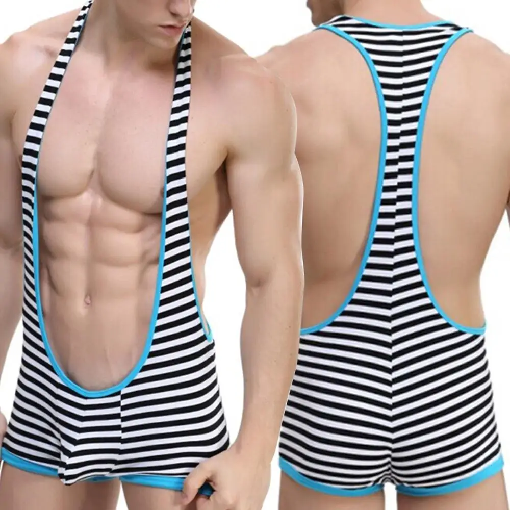 Swimwear Mens Singlet Broat Mankini Swimsuit Striped Wrestling Boxer Shorts Swimming Suit Bulge Pouch Shorts Sexy Bathing Suit