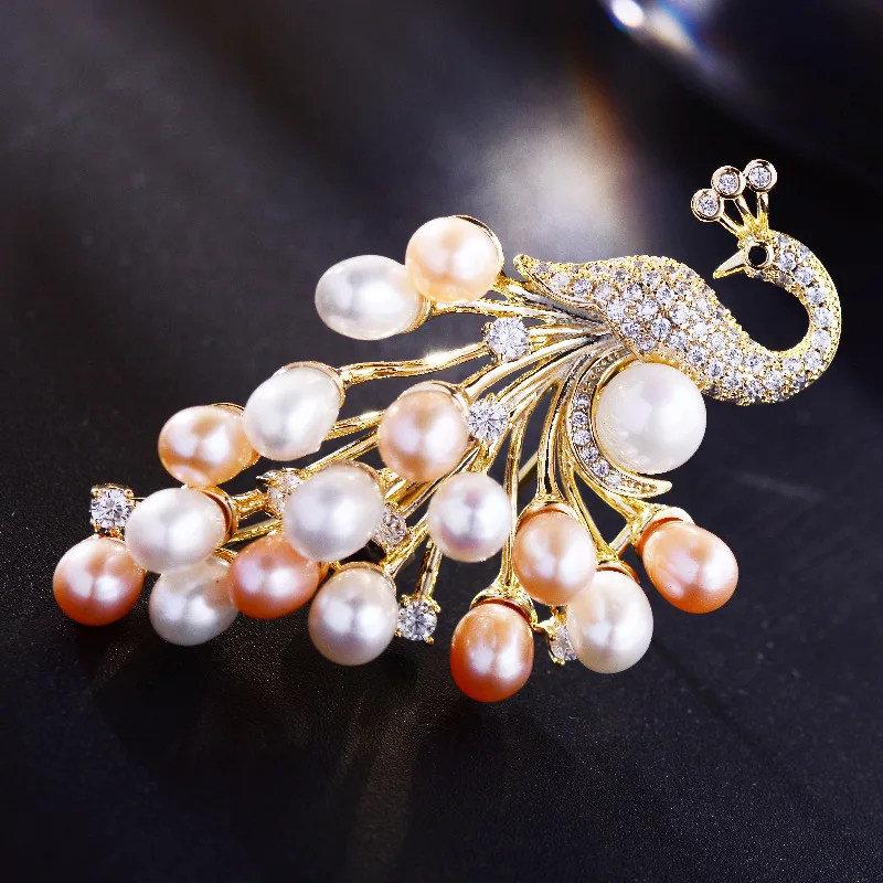 

OKILY Delicate AAA Zircon Brooches Luxe Nature Pearl Peacock Broochpin for Women Bird Jewelry Pins and Broche Accessories