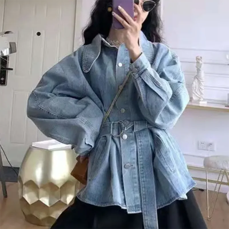 

Autumn retro Hong Kong style loose waist denim jacket female was thin and versatile fashion long-sleeved jacket top tide