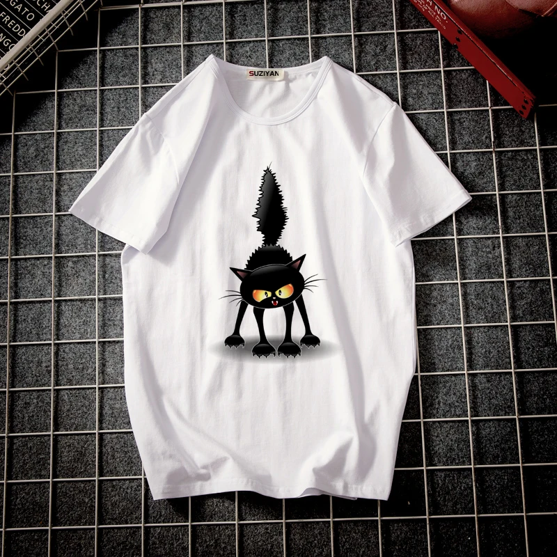 Женская футболка с рисунком черного кота 2019 аниме Харадзюку для девочек кавайная