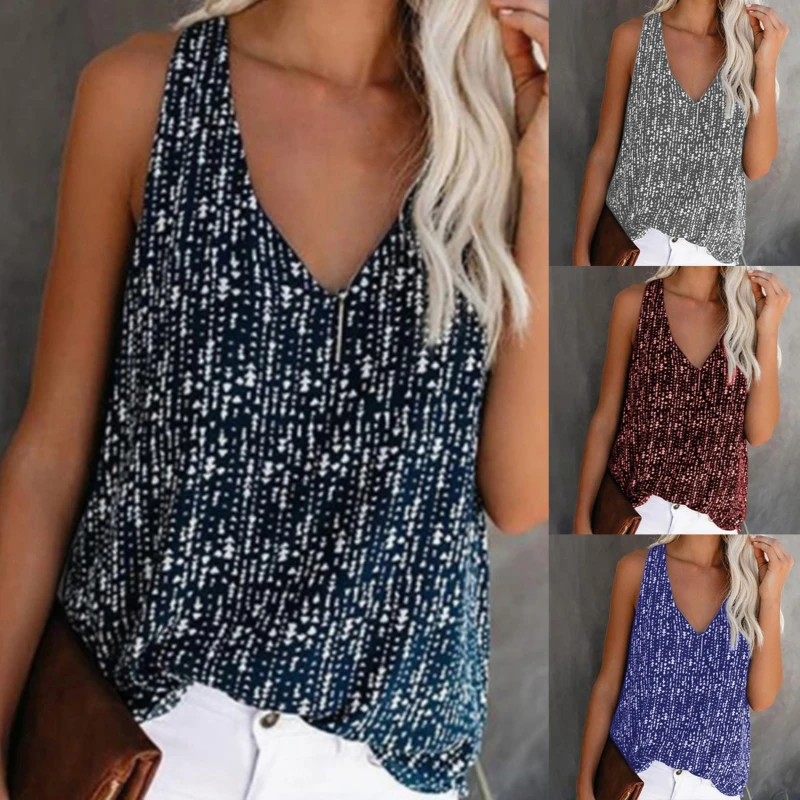 

New Women's Fashion Summer Tank Tops Casual V Neck Sleeveless Tshirt Loose Dot Printed Vest Camisole Ladies Plus Size Top S-2XL