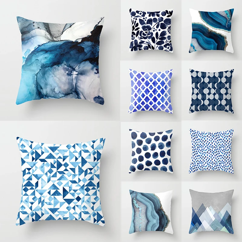 

45 * 45CM Geometric Cushion Cover Blue abstract printed Polyester Throw Pillow Case Geometric Art Pillowcase Square Home Decor