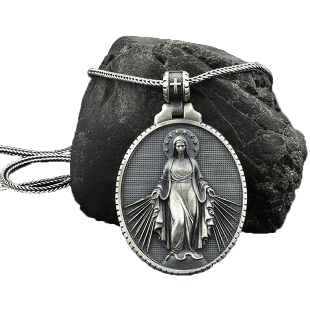 

Virgin Mary Commemorative Necklace Badge Religious Christian Stainless Steel Pendant Necklace Catholic Faith Chain Necklace