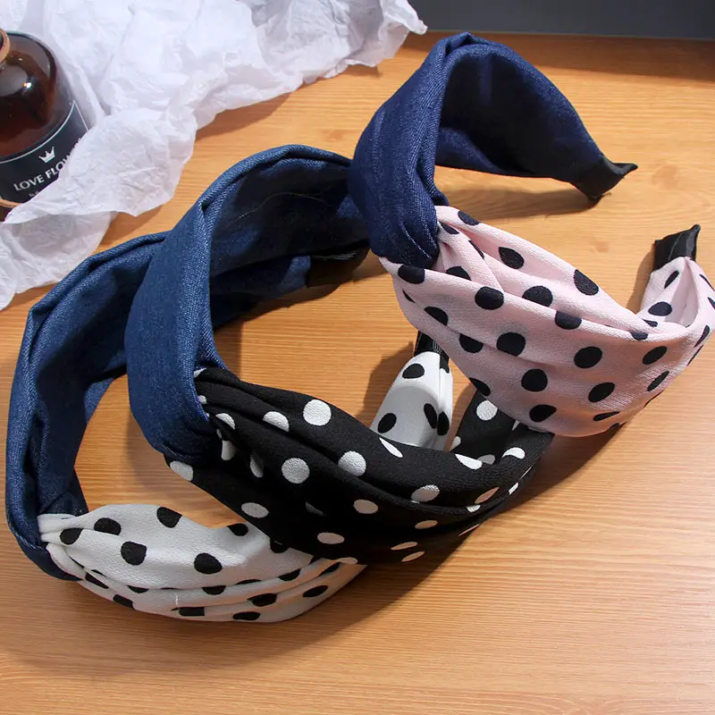 Ободок для волос в горошек женский простой ковбойский обруч с перехлёстом ручной