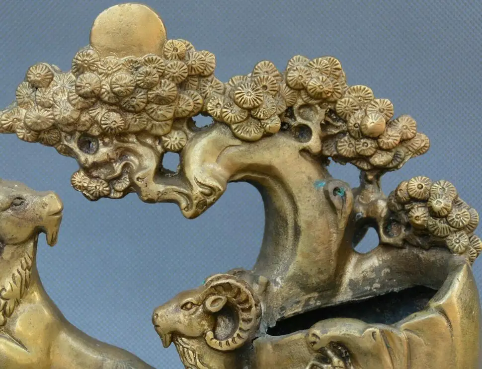 

China fengshui old bronze three sheep pine tree statue brush pot pencil vase