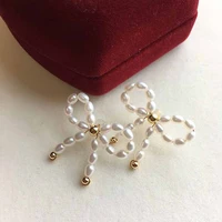 14k gold woven bow natural freshwater pearl vintage wedding charming luxury handmade earrings jewelry for women gift new