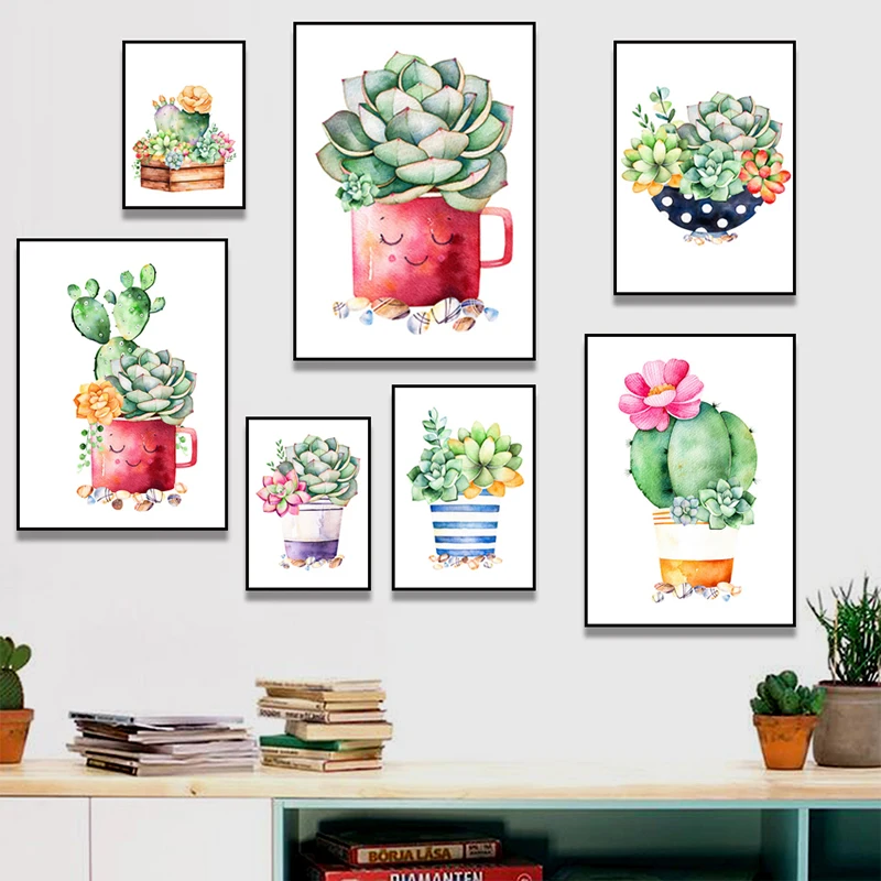 

Nordic Poster Cactus Succulents Canvas Painting Wall Art Watercolor Painting Living Room Decorative Painting Frameless Painting