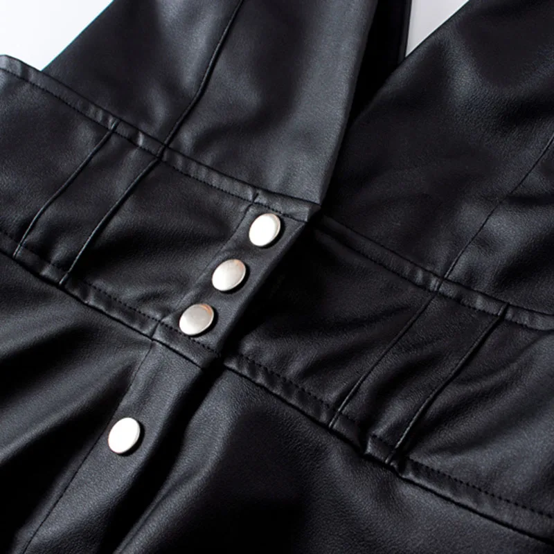 

GCAROL New Women Faux Leather Long Dress Euro Trend Fashion Personality PU Leather V Neck Buttons Fit Strap Dress Muti Occasion