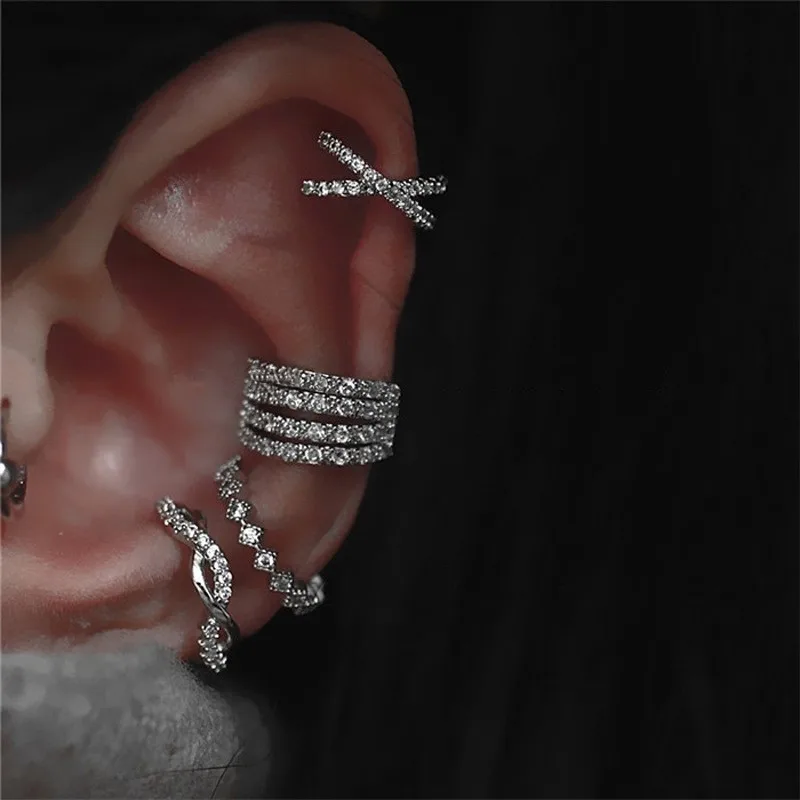 Fashion Vintage Zircon Wave Crossed Ear Clips No Piercing Ear Cuff Fake Cartilage Clip Earrings For Women Ear Jewelry