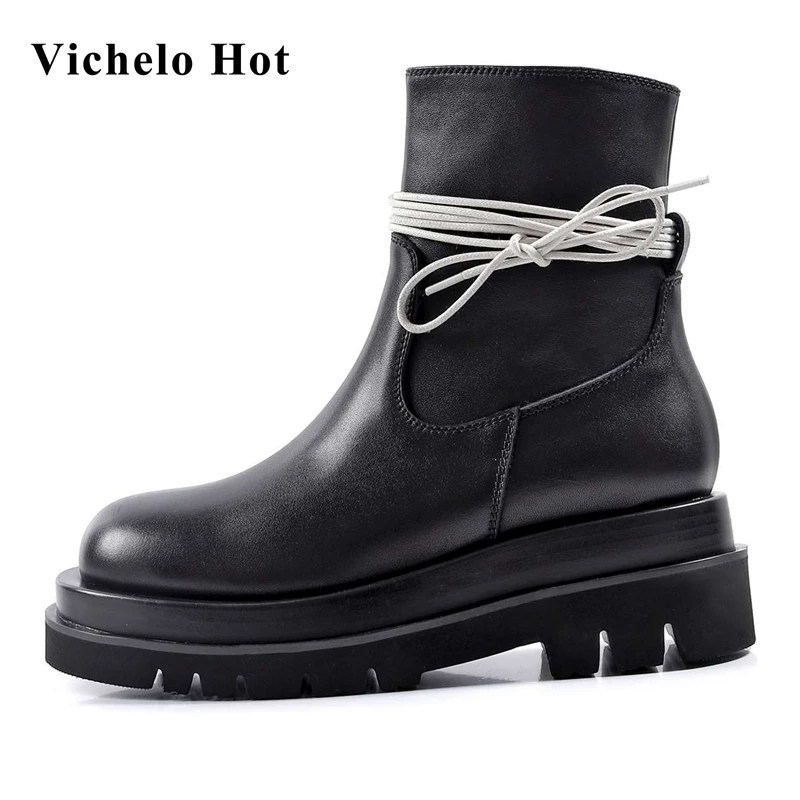 

Vichelo/Лидер продаж; Брендовая обувь ручной работы на высоком каблуке из натуральной кожи с круглым носком; Зимние теплые женские ботильоны дл...