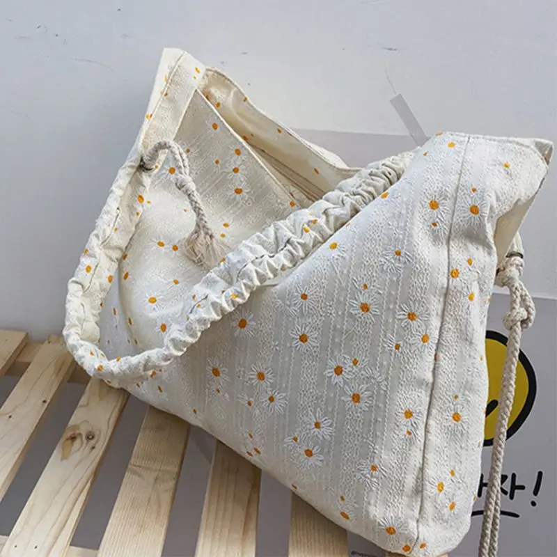 

Women Girls Daisy Embroidery Canvas Shoulder Bag Ladies Shopping Tote Purse