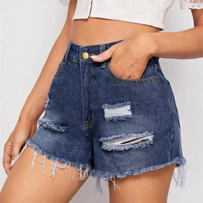 

Women's Summer Sexy Ripped Shorts High Waist Retro Style Irregular Tassels Hem Hole Casual Wild Slim Fitting Denim Shorts