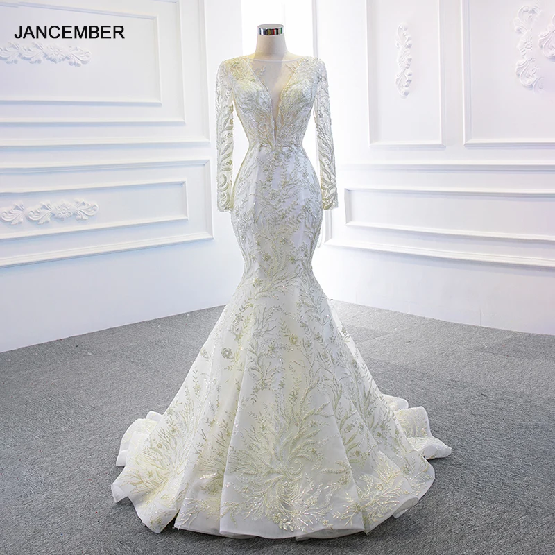 RSM67156 مثير الأبيض زين طباعة نمط تصميم فستان الزفاف الزفاف 2021 العميق الخامس الرقبة طويلة الأكمام تنورة دانتيل شفاف