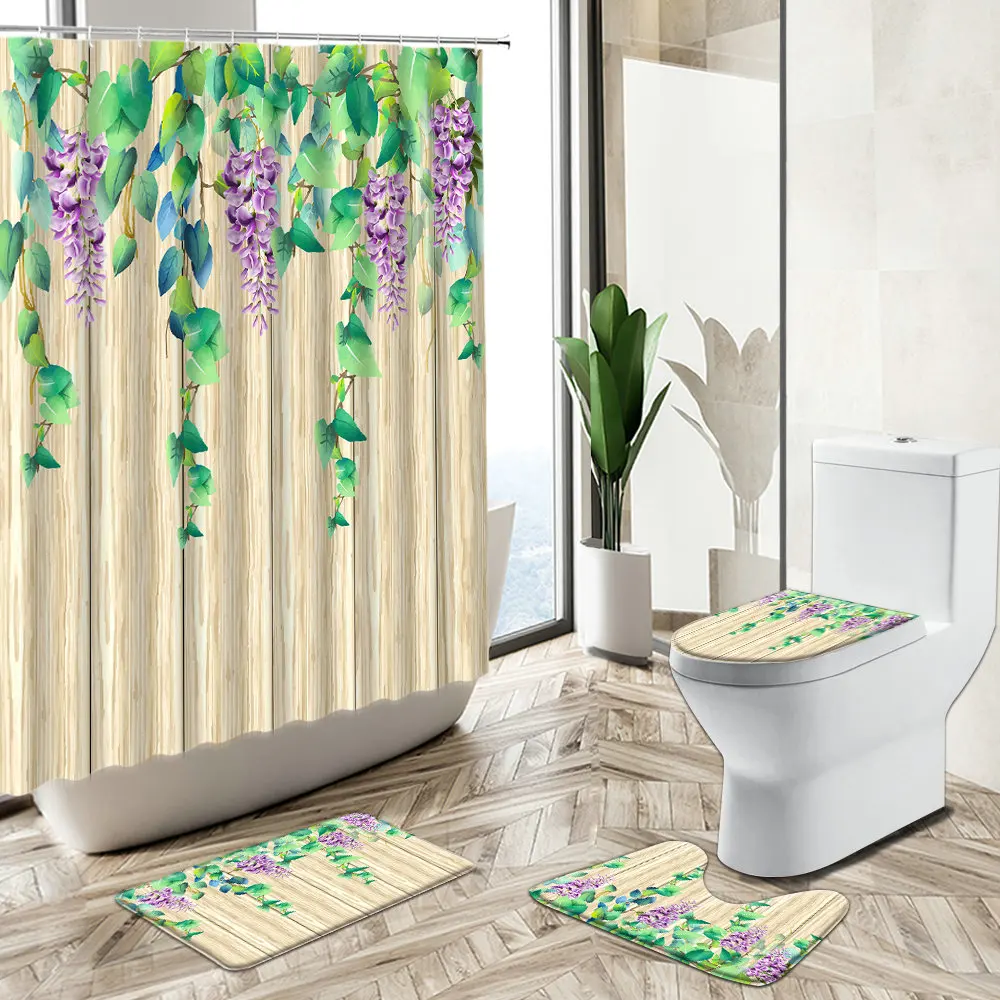 Miglior Pianta Verde Tropicale Cactus Tenda Da Doccia Fiore Foglia Vecchio Design In Legno Decorazioni Per Il Bagno Tappeto Antiscivolo Copriwater Set Tappetino Da Bagno