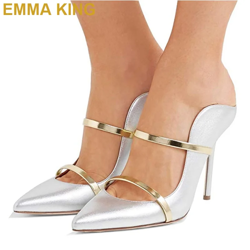 Женские босоножки с золотыми ремешками Летние на высоком каблуке острым носком