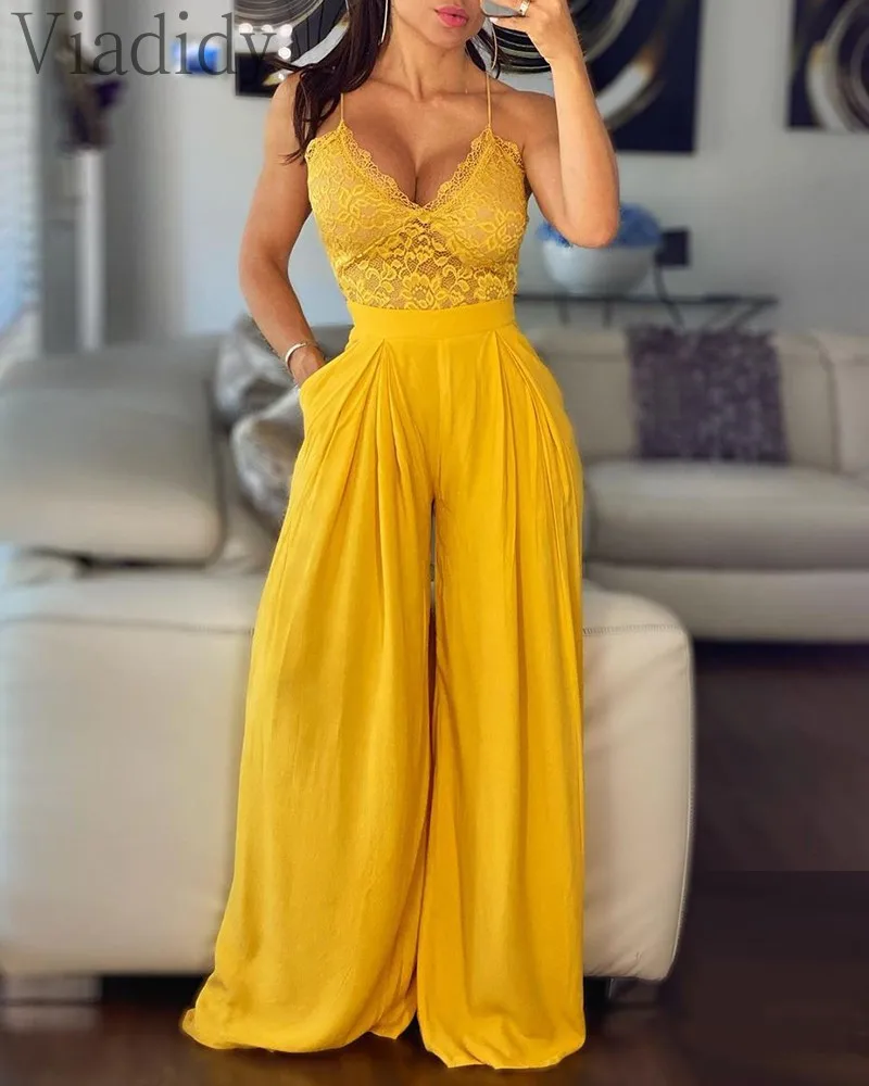 

Women Solid Color Spaghetti Strap Lace Patchwork Wide Leg Jumpsuit