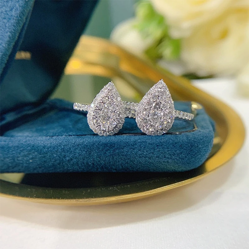 LUOWEND 18K кольца из белого золота женские роскошные с ореолом в форме груши