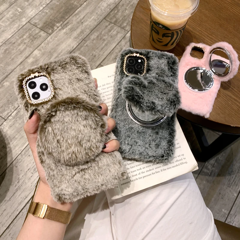 Для iphone 11 pro XS max XR X теплый плюшевый пушистый зеркальный Меховой чехол из ТПУ для