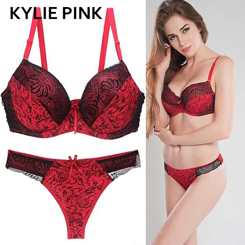 KYLIE розовый брендовый женский бюстгальтер и трусики, комплекты нижнего белья, сексуальные кружевные бюстгальтеры размера плюс, комплект нижнего белья Пуш Ап, женские бюстгальтеры - Цвет: Красный