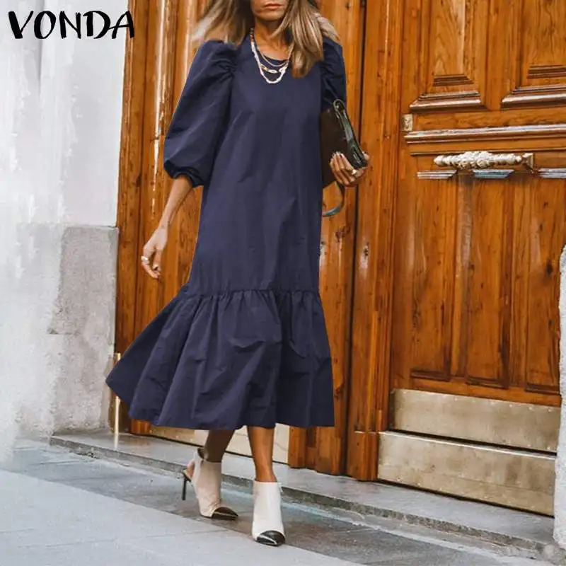 VONDA Повседневное платье сексуальное с круглым вырезом 3/4 рукав-фонарик макси