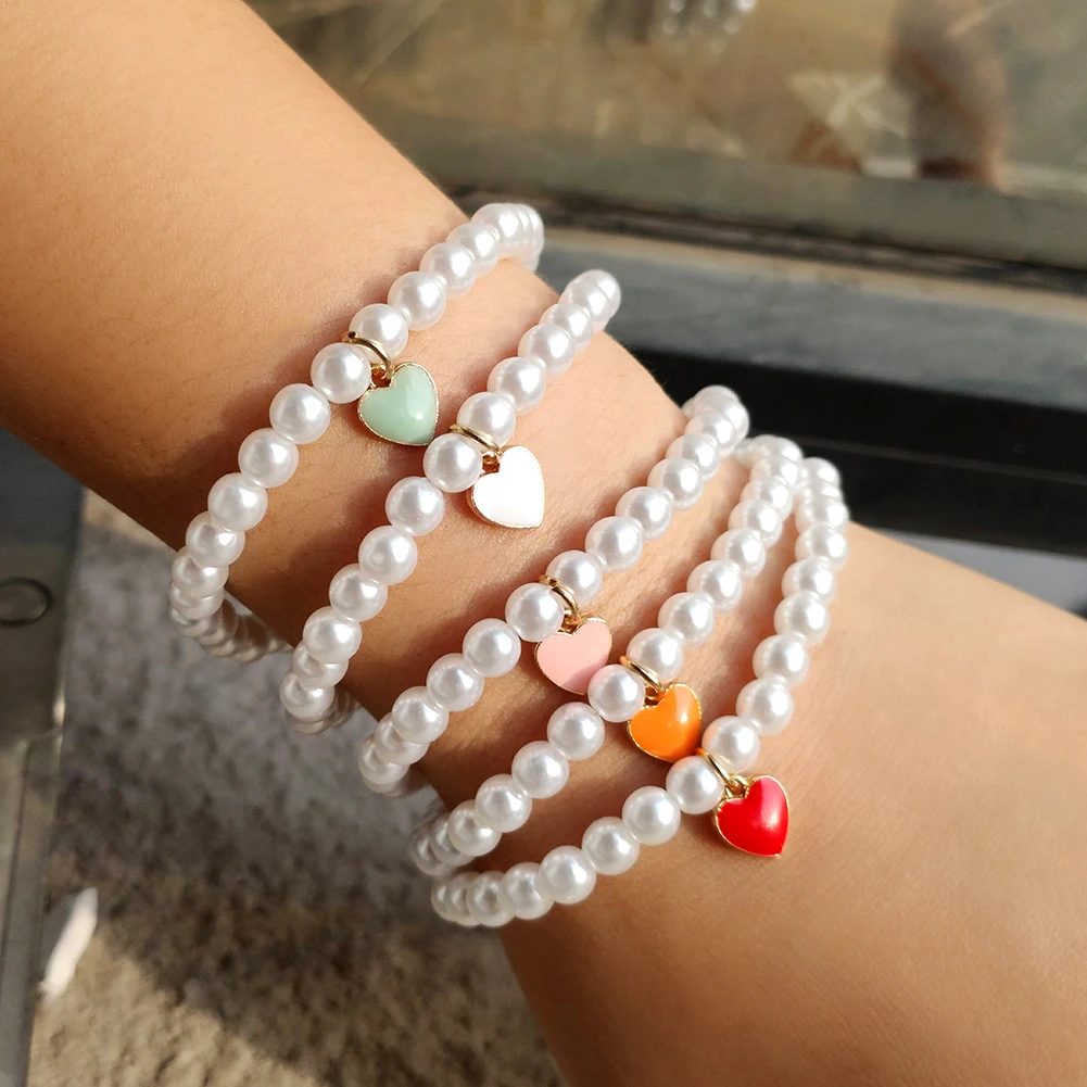 

Flatfoosie Colorful Enamel Heart Charm Pearl Beads Bracelets for Women Bohemia Handmade Beaded Bracelet 2021 Trendy Jewelry Gift