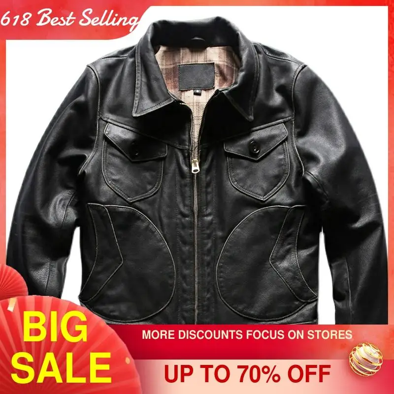 

2021 Vintage Black Casual Style Genuine Leather Jacket Men Large Size 3XL Real Natural Cowhide Spring Slim Fit Short Coat