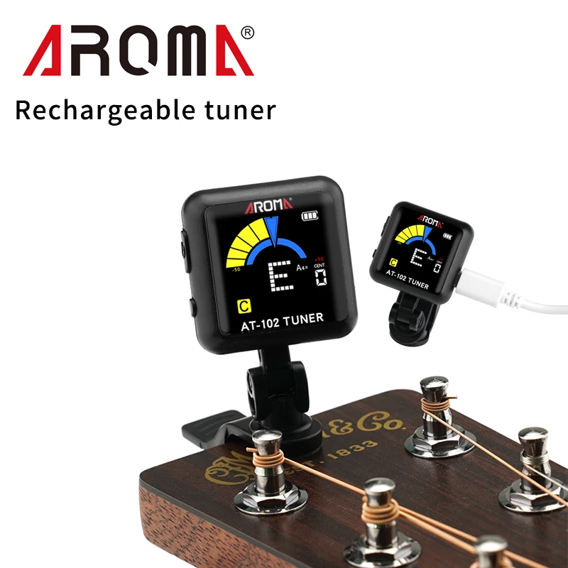 AROMA Tuner. AT-102 rechargeable tuner. Acoustic/electric guitar, ukulele, violin, bass universal tuner. Can rotate 360 degrees.