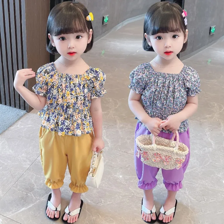 

Summer Girls Clothing Set 2021 Korean Version New Kids Net Red Flower Short-sleeved Shirt Pure Color Thin Anti-mosquito Pants