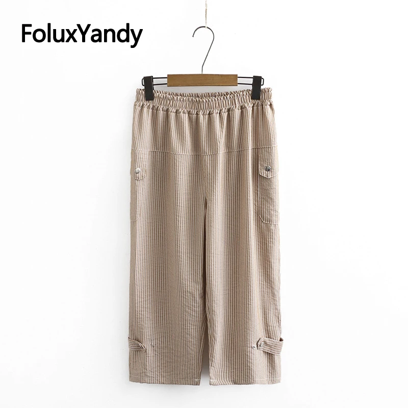 

Calf-length Pants Plus Size Women Summer Pants Striped Casual Capris Trousers XXXL 4XL KKFY4487