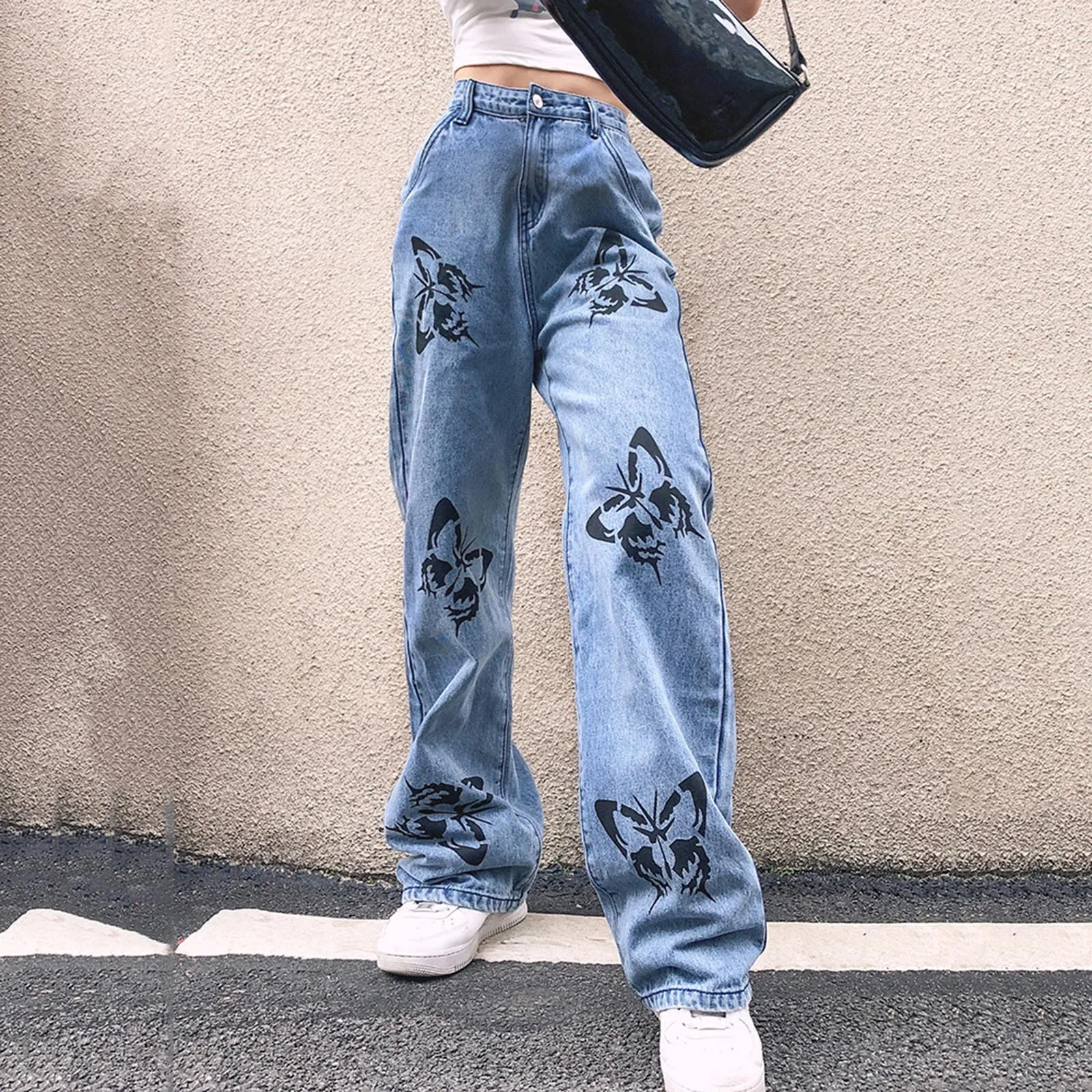 

Butterfly Print Y2k Women's Jeans Baggy Wide Leg Trousers Streetwear Gothic Skinny Female Dance Joggers Outfits Festival