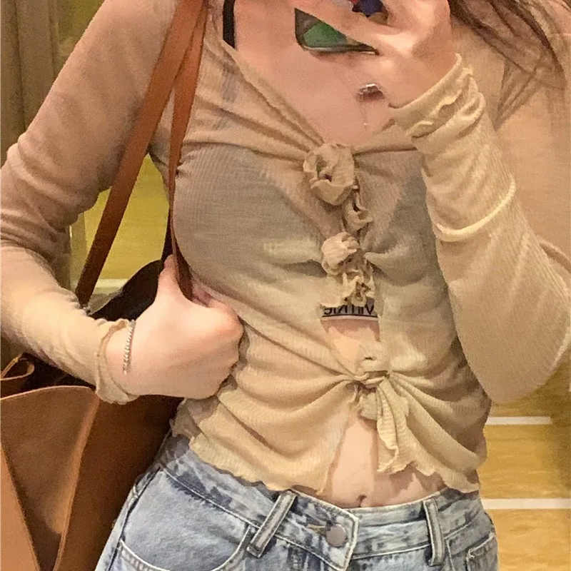 

2021 Summer New Fashion Bandage Sexy Navel Long Sleeve Lightweight Hollow Sunscreen Top T-shirt Tees Womens Clothing Graphic