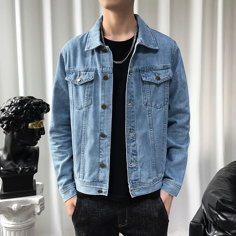 

Куртка мужская джинсовая однотонная, Классическая Повседневная хлопковая однобортная, с лацканами, приталенная, синяя, 5XL, на осень