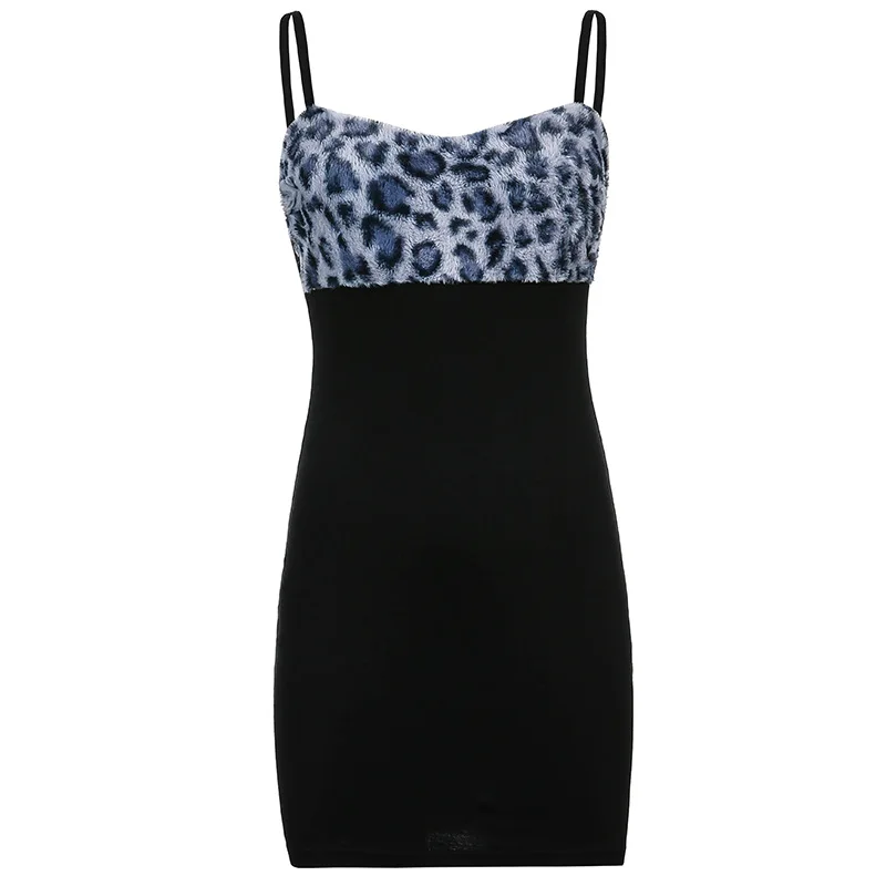 

Y2k Sexy V-neck Mini Dress Women Splicing Leopard Print Flocking Backless Casual Spaghetti High Waist Strap Dress Spring 2021