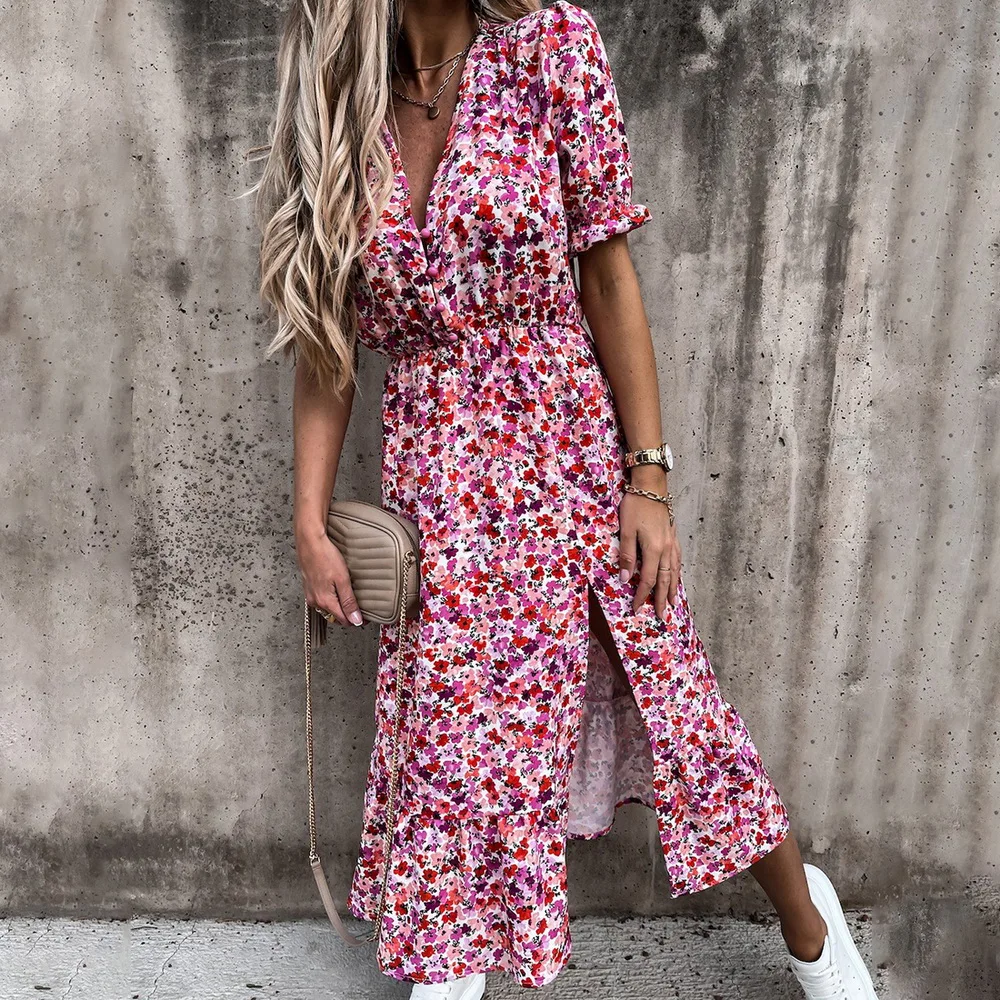 

Summer New arrival Floral Pattern Slim Dress Casual Short Sleeve High Waist Dresses Female Sexy V-Neck Outdoor Colorful Dresses