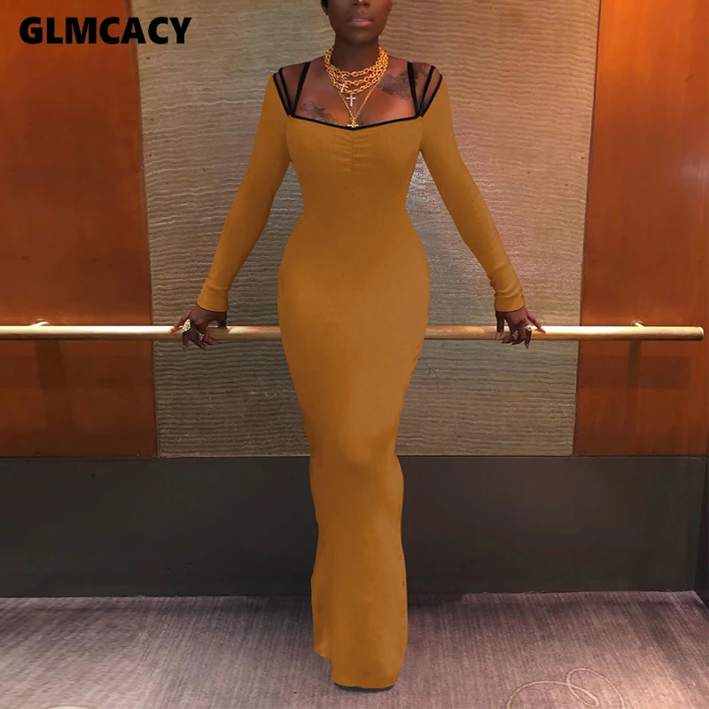 Женское облегающее платье макси с длинным рукавом и квадратным вырезом|Женские