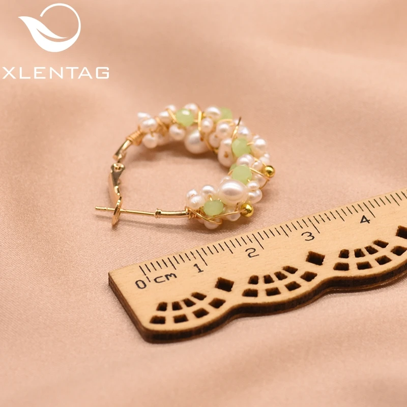 XlentAg натуральные белые маленькие жемчужные серьги-кольца с зеленым камнем для