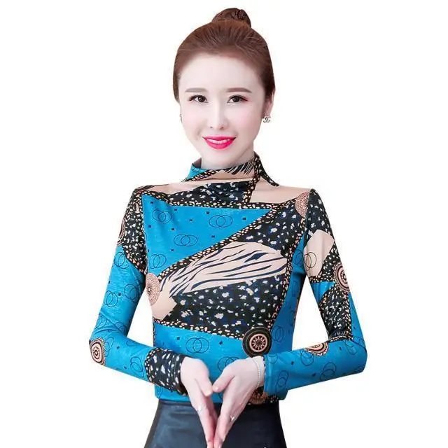 

Autumn and winter new fashion print semi-high collar t-shirt female slim thin foreign style long sleeve base