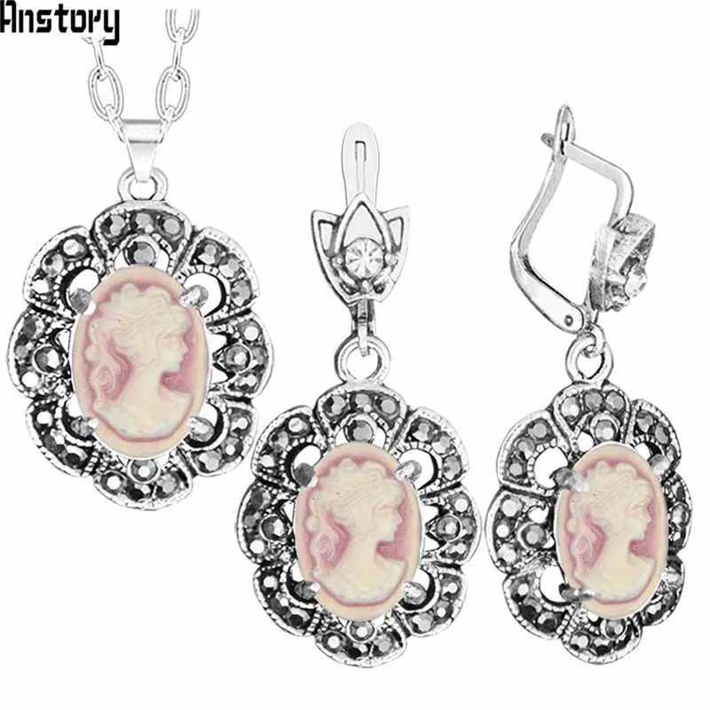 Vintage Lady Queen Cameo Jewelry Sets Plumflower Pendant Rhinestone Fashion Jewelry TS431