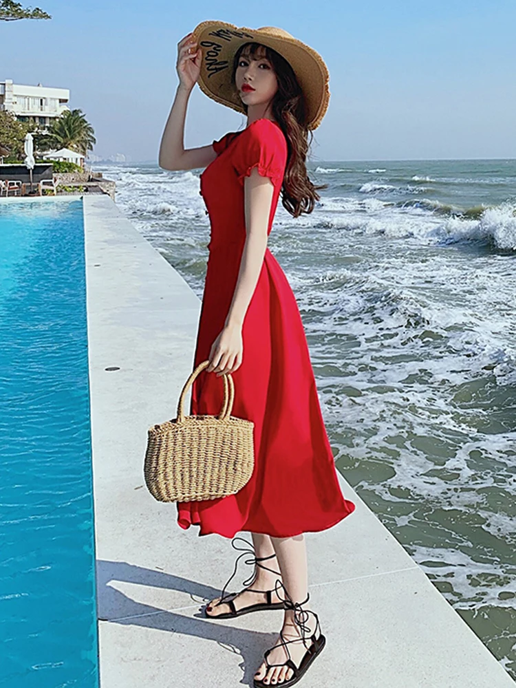 

Beach Skirt 2021 New Seaside Holiday Dress Red Long Skirt Slim Thai Skirt Female