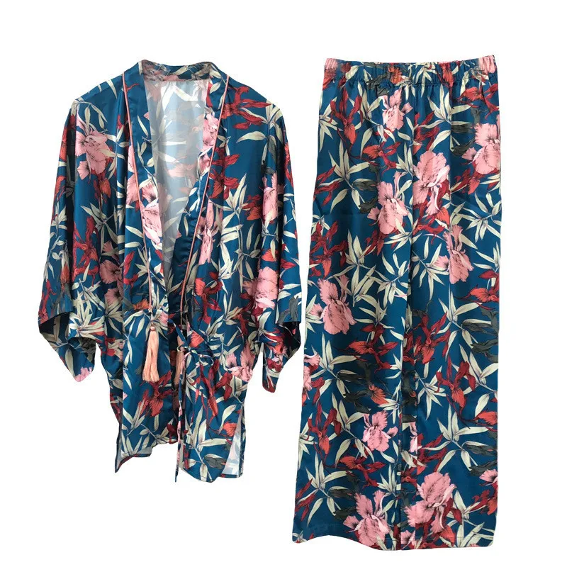

Summer New Thin Sexy Pajamas Women's Two-Piece Long-Sleeve Cardigan Robe and Trousers Pajamas Casual Printed Home Service 2021