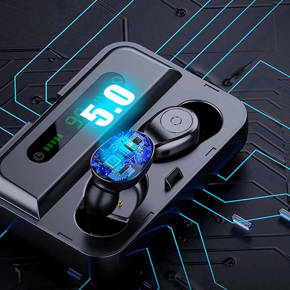 Беспроводные наушники Bluetooth V5.0 TWS, беспроводные Bluetooth наушники, светодиодный дисплей, 2000 мАч, внешний аккумулятор, гарнитура с микрофоном