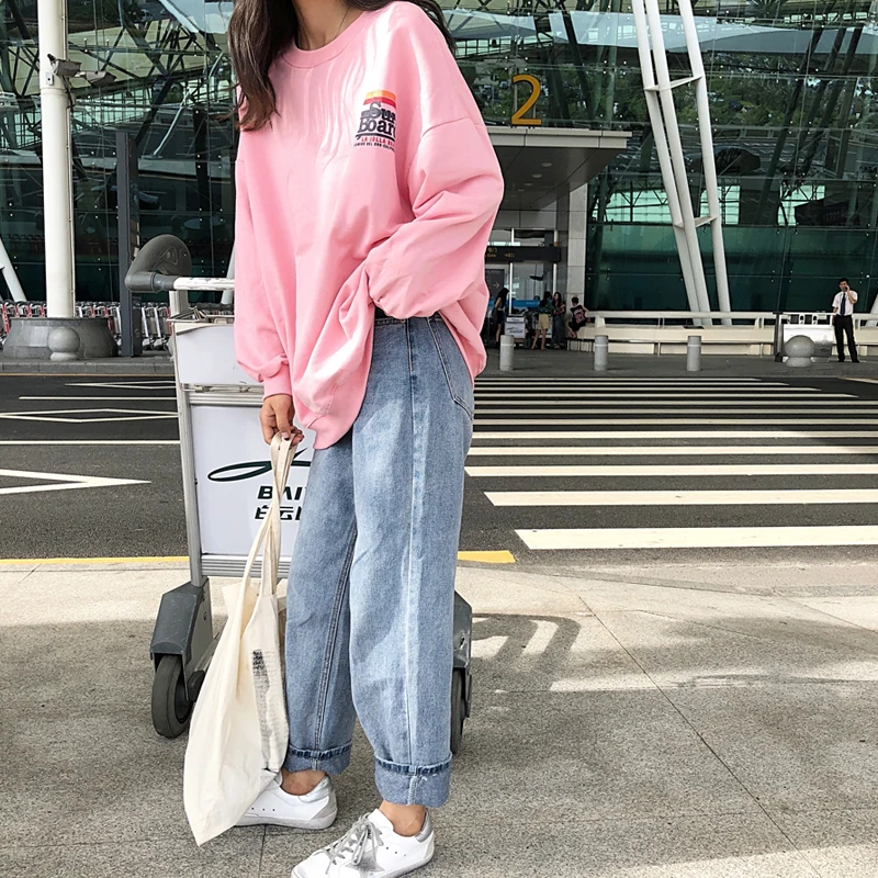 

Hoodies Women O-Neck Letter Printed Colorful Loose Pullover Womens Long Sleeve Korean Harajuku Students Trendy Kawaii Daily Chic