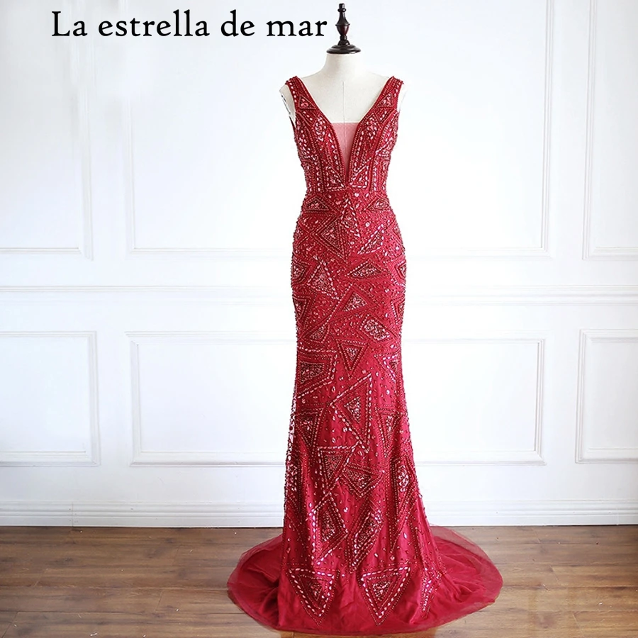

Mermaid vestidos de fiesta de noche new lace crystal V neck Backless red Dubai evening dress luxury abiti da sera prom gowns