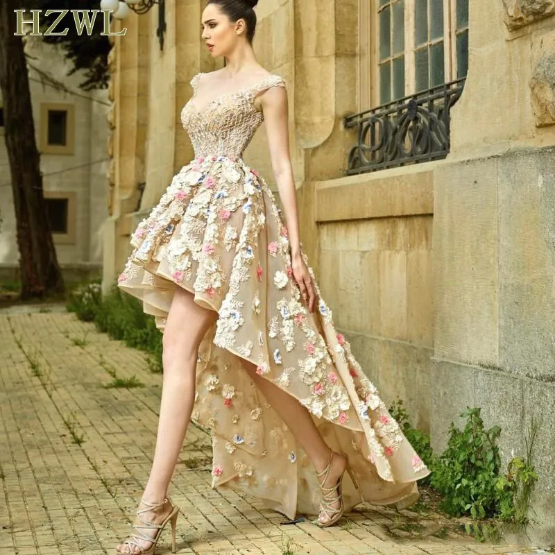 

Colorful 3D Floral Prom Dresses Sexy Deep V-Neck Beads Appliques Evening Dress High-Low Backless Saudi Flower Party Gowns