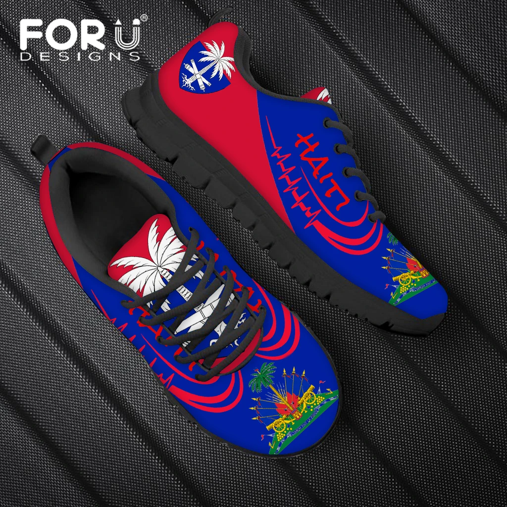 

FORUDESIGNS 2021 Fashion Sneakers Woman's Haiti National Flag Printing Female Lace Up Mesh Flats Shoes Casual Summer Footwear