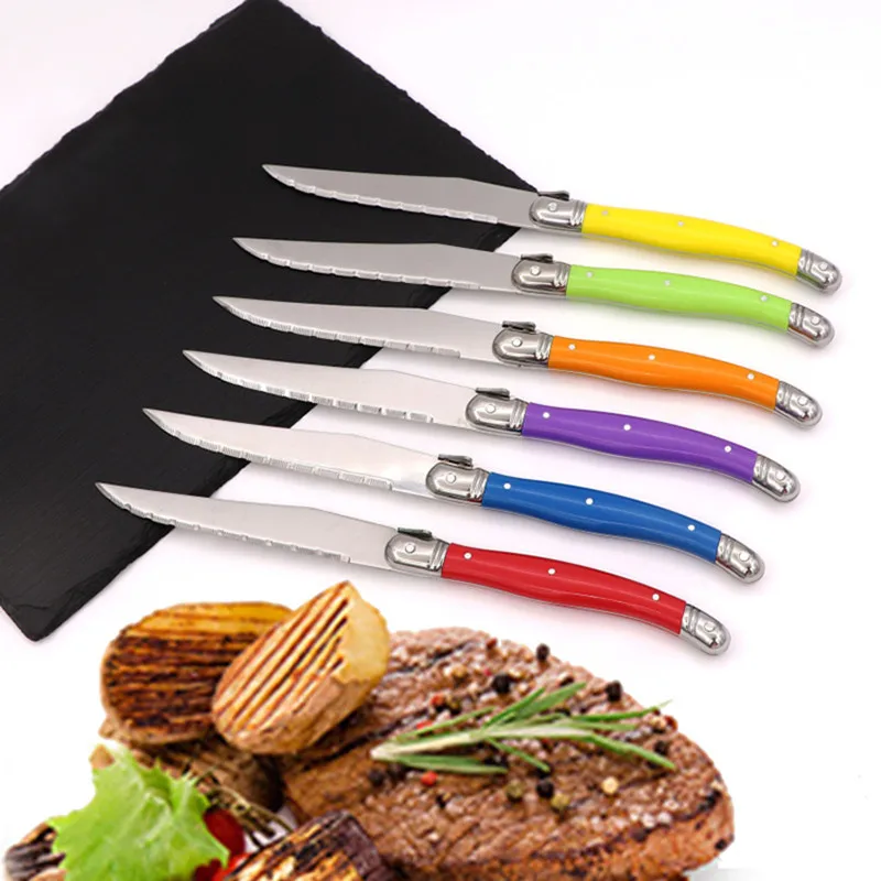 

4-6pcs Laguiole Steak Knife Rainbow Plastic Handle Dinner Knives Multi color Tableware Cutlery Stainless Steel Dinnerware Set